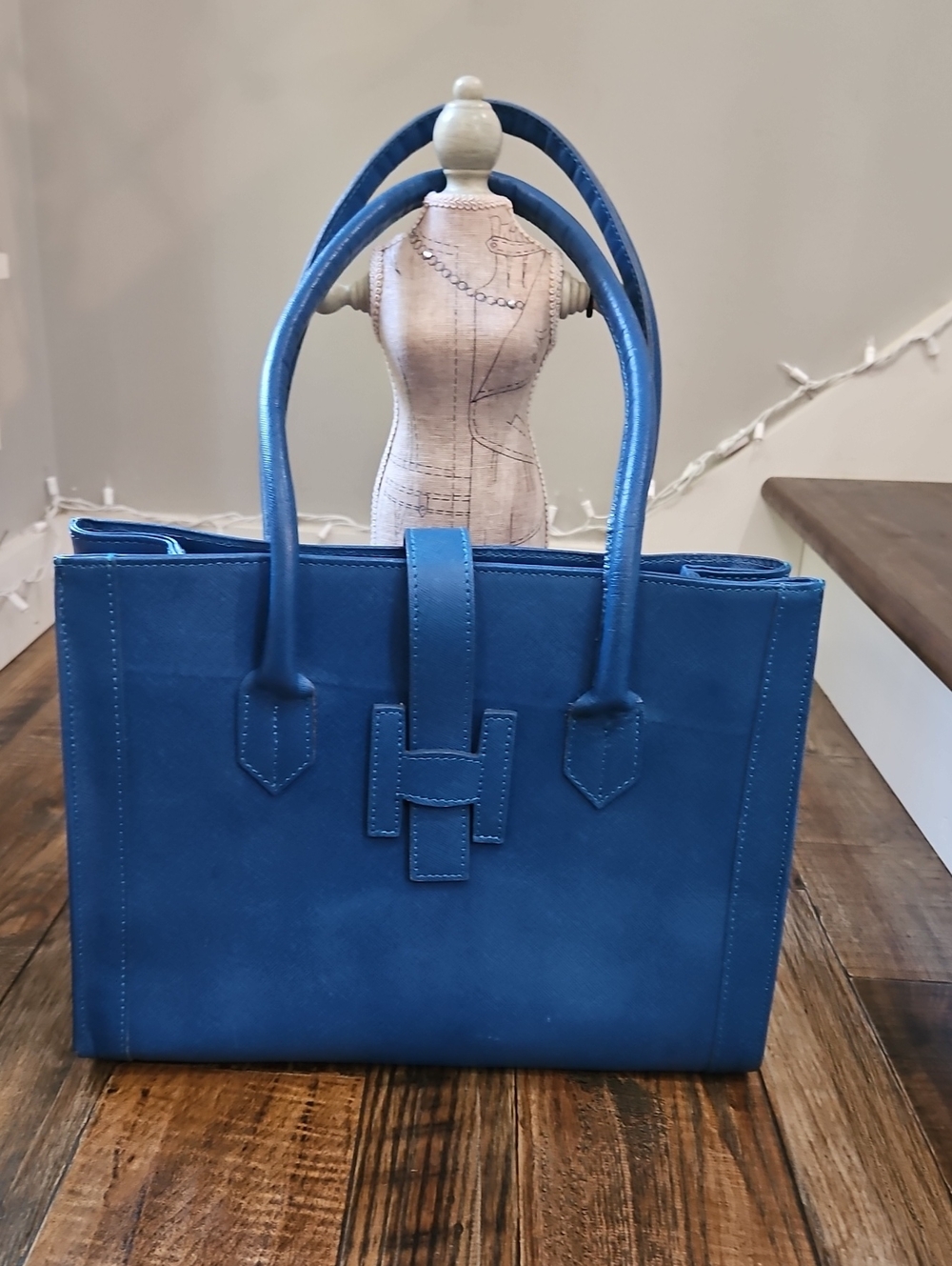 Italian Hand Made Stylish Teal Blue Leather Tote Bag - Women 13"x10"